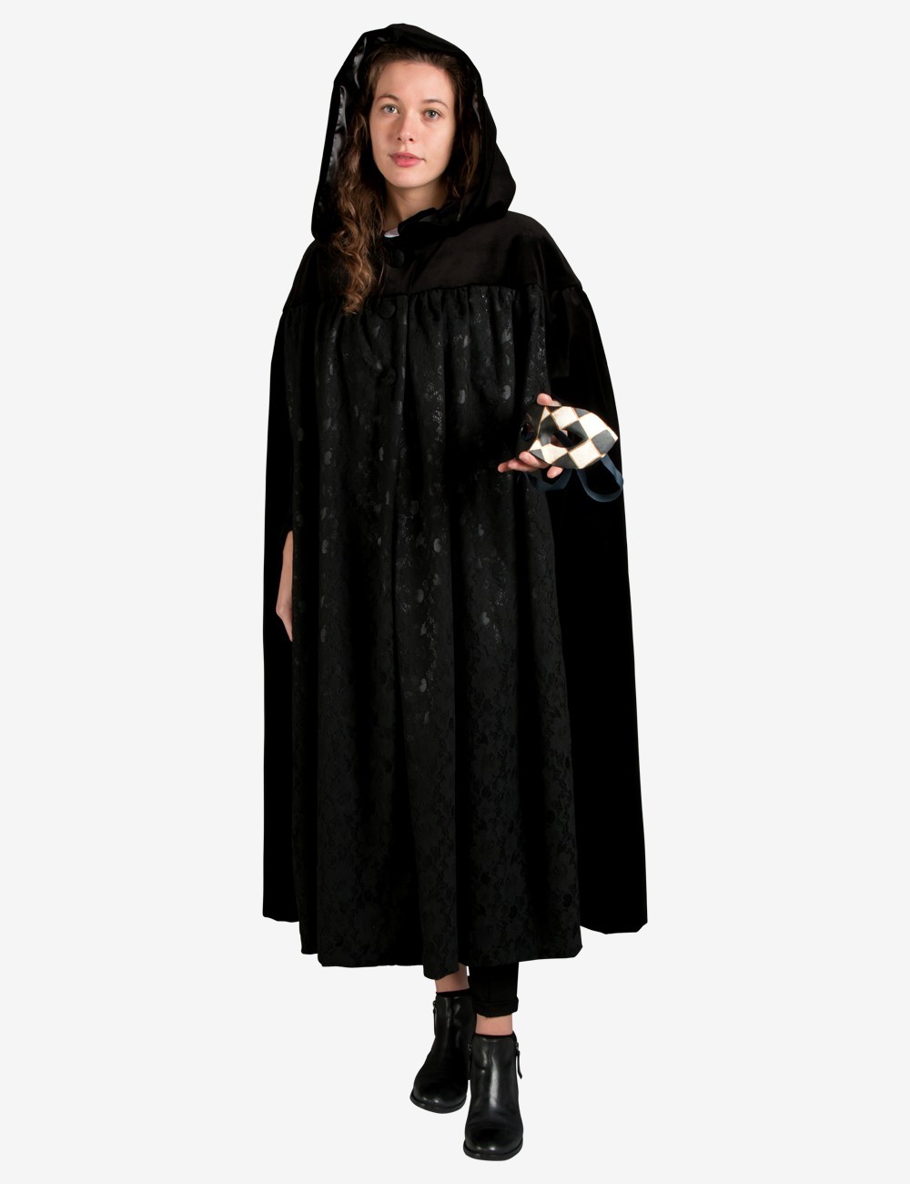 Unisex Black Cloak With Hood In Lace And Velvet Venetian Carnival Costume 6983